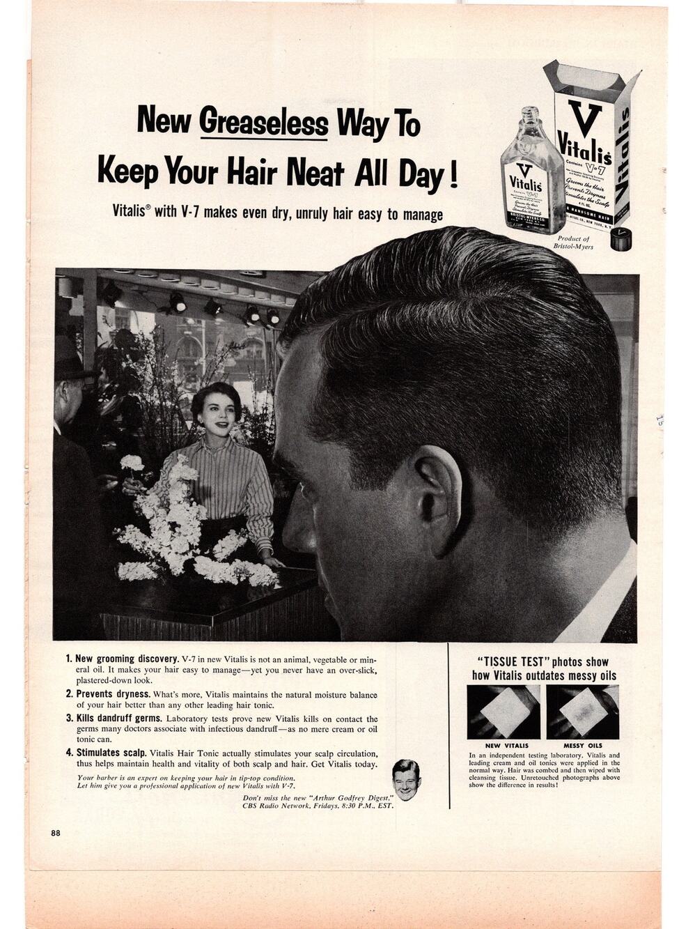 Vitalis Hair Oil Advertisement Vintage 1950s Mens Hair Care Grooming Mid Century